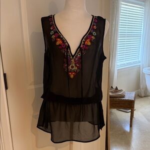 Cache Black Sheer Top with Colorful Embroidery